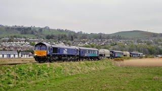 Direct Rail Services 66304 and 66305 passing Dingwall with a jumbo nuclear train