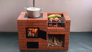 Outdoor wood stove from red brick and cement