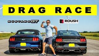 Ford Mustang GT Roush vs Mustang GT, how much faster is the Roush Mustang? Drag and Roll Race.