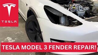 Collision Repair Process fixing a Tesla Model 3 Fender