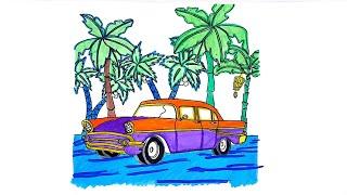 Old Car Crossing Scenery  Drawing Colouring #satisfying #viralvideo#youtube#trending#art