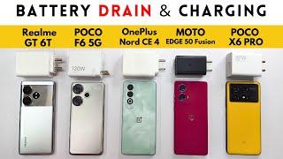 (5G) BATTERY Drain and CHARGE | Realme GT 6T vs POCO F6 vs POCO X6 Pro vs Edge 50 Fusion vs Nord CE4