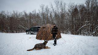 Hot Tent Camping In Snow Storms and Sub Zero Temps With My Dog