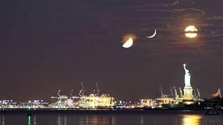 Three Moons and a Statue - A Moon-Stack Time-lapse of the crescent moon, half full and full moon