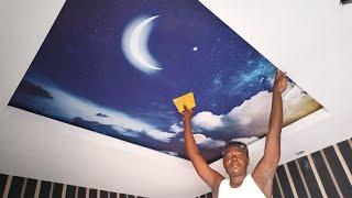 How to paste 3D night sky ceiling mural wallpaper design for living room