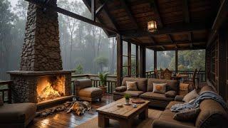 Cozy Rainforest Balcony - Relaxing Jazz Instrumental Music & Crackling Fireplace Sounds for Studying