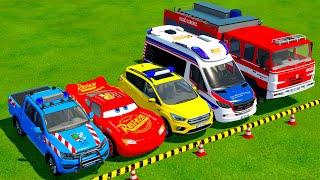 TRANSPORTING FIRE TRUCKS, MERCEDES, VOLKSWAGEN POLICE CAR and AMBULANCE EMERGENCY VEHICLES !! FS22