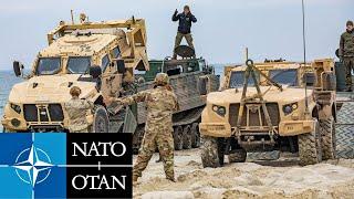 Alliance NATO. Tanks and Armored Vehicles during exercises in Eastern Europe.