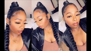 High Sleek Braided Ponytail On Natural Hair | No Heat | Giveaway!