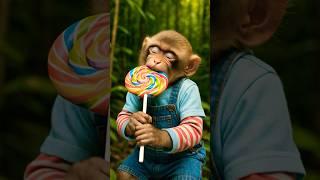 Baby Monkey Eats Big lollipop 