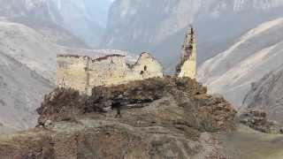 ruins of the medieval tower in the gorge Bezengi