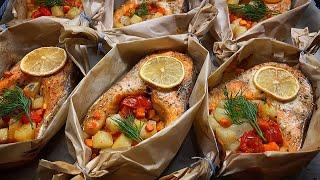 TROUT STEAK baked with vegetables in the oven