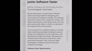 Junior Software Tester#fresher #experienced #getemployed #youtubeshorts #softwaretestingjobs #junior