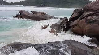 Baie Lazare beach during high tide. Mahe island, Seychelles