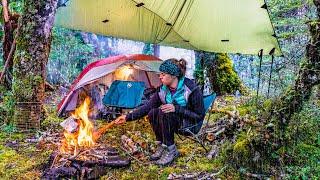 Camping in the Heavy rain. Epic Wilderness Feast!! RAIN, STEAKS and PANCAKES