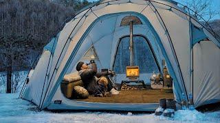 Igloo Tent Camping with My Dog . Korean Chimaek Chicken and Beer . Wood Stove ASMR