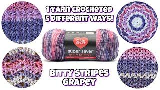 One Yarn Crocheted Five Different Ways! Red Heart Bitty Stripes Grapey #crochet #redheart #yarn