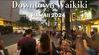 Downtown Waikiki at Night in Honolulu 4k Walking Tour | Oahu, HAWAII