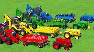 TRANSPORTING MINI PORSCHE TRACTORs & FRUITs with FLATBED TRAILER & GARAGE LOADERS!! FS22