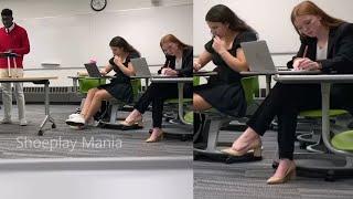 School debate shoeplay by red head - toe wiggling in heels