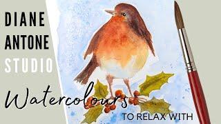 Christmas Robin in Watercolor Easy Watercolor Tutorial - Paint a Robin and Holly for Card or Gift