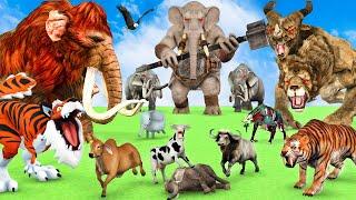 10 Mammoth Elephant Cow vs 5 Giant Tiger Wolf Zombie Bufallo Fight Baby Cow Saved By Woolly Mammoth