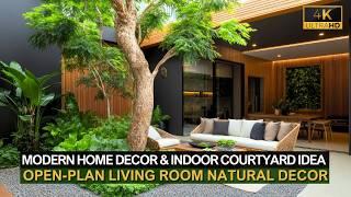 Modern Home Decor & Indoor Courtyard Ideas for a Luxurious, Open-Plan Living Room with Natural Decor