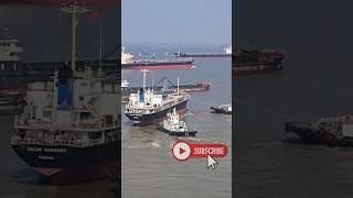 Heavy Cargo Ship Moved by Powerful Tugboats