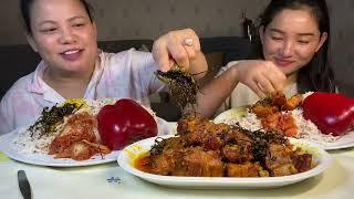 मेरो काईली बहिनीले पठाईदिएको निउरो mix pork belly fry,yellow दाल mukbang