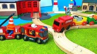 Wooden railway brio train for kids, locomotive, fire truck