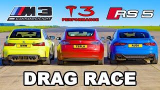 BMW M3 AWD v Model 3 Performance v Audi RS5: DRAG RACE