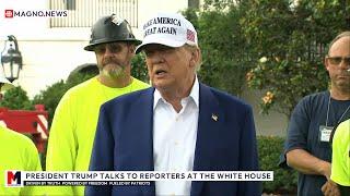  President Trump Talks to Reporters at The White House as New American Flags are Installed