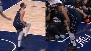 Luka Doncic knee injury but still scores bucket then limps to locker room vs Timberwolves