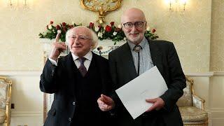 President Higgins receives Dónal de Róiste and family on a courtesy call at Áras an Uachtaráin