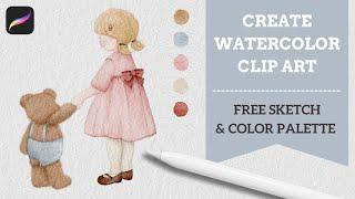 How to Paint a Realistic Watercolor Clipart in Procreate | A Girl and a Teddy Bear Tutorial