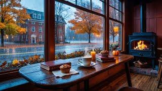 Cozy Autumn Coffee Shop   Perfect Fall Ambience | Rain & Fire Sounds for Sleep or Focus | Ambient