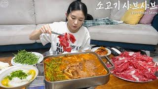 Real Mukbang:) The classic Korean spicy shabu shabu  Noodles, Egg porridge