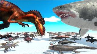 Aquatics Revolt - Dinosaur vs Fish - Red Dino FIGHT Megalodon