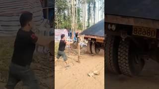 The process of dismantling a wooden truck support