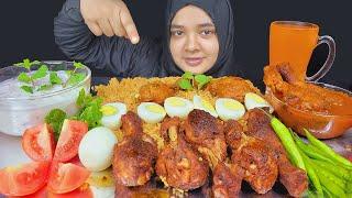 ASMR EATING SPICY HYDERABADI CHICKEN BIRYANI | CHICKEN FRY | CHICKEN LEG PIECE CURRY, ONION RAITA