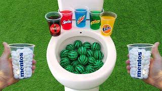 Watermelon Balls VS Popular Sodas !!! Fanta, Coca Cola, Mtn Dew, Schweppes and Mentos in the toilet