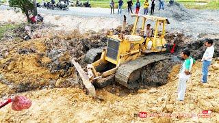 The Powerful strong Komatsu bulldozer recovery from deep mud & dump truck fill soil making road #1