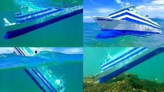 Estonia sinking, cardboard ship sinks due to storm, underwater footage of ferry model ship wreck