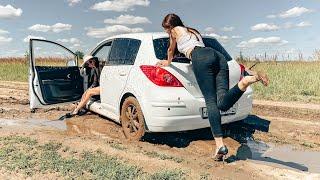 CAR STUCK || Girlfriends stuck in the mud in a car in high heels