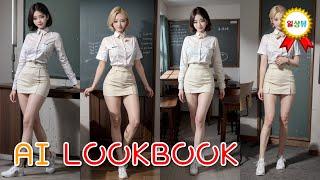 AI Lookbook #27 - Ivory Mini Skirt Short School Uniform Fashion Female Model Illustration