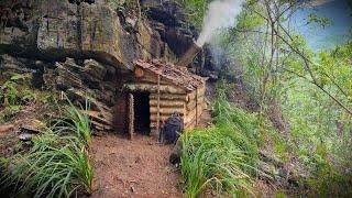 Building Complete Survival Bushcraft Shelter under big rock, Start To Finish / King Of Satyr