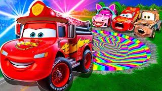 Rainbow Pit Transform In Big & Small:McQueen FireTruck & Mater vs  Pixar Cars! Beam.NG Drive!