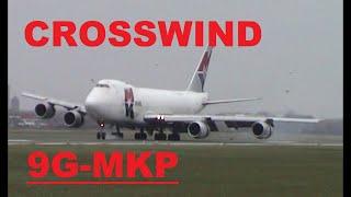 CROSSWIND and BIRDS  Boeing 747  9G-MKP , arrival , Ostend Airport