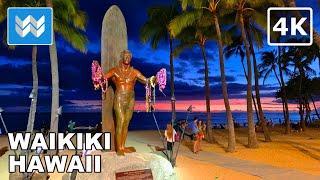 [4K] Waikiki Beach at Night in Honolulu Hawaii USA Walking Tour & Travel Vacation Guide (Kalakaua)