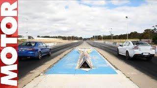 Ford Falcon XR8 vs Holden VF II Commodore Redline drag race